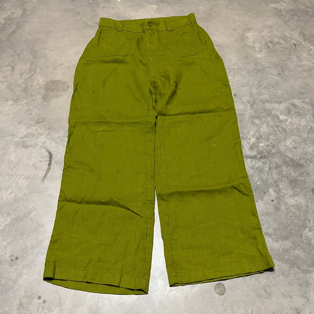 Nicole Miller New York 100% Linen Wide Leg Pants Green Size 8 High Rise Trouser